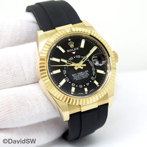 Rolex 326238 Skydweller 18K Yellow Gold with Black Dial on Oysterflex