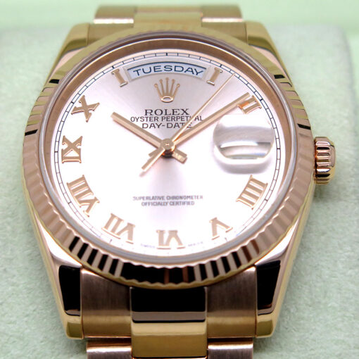 Rolex 118235 Day Date 18K Rose Gold with Pink Roman Dial on Oyster - Image 3
