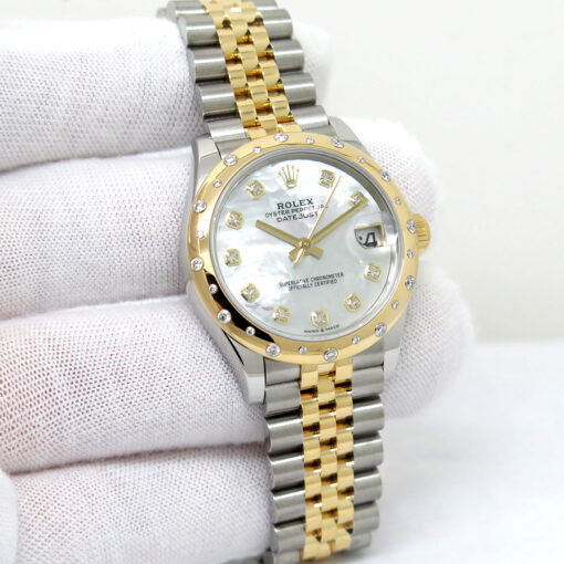 Rolex 278343RBR Datejust 18K/SS with White Mother of Pearl Diamond Dial and Diamond Bezel on Jubilee