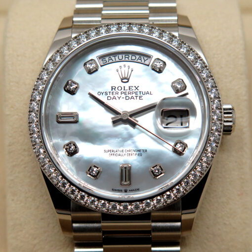 Rolex 128349RBR Day Date 36 with Mother of Pearl Diamond Dial & Diamond Bezel - Image 3