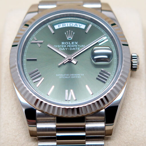 Rolex 228239 Day Date 18K White Gold with Olive Green Roman Dial - Image 3