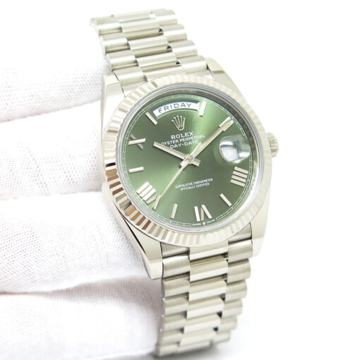 Rolex 228239 Day Date 18K White Gold with Olive Green Roman Dial