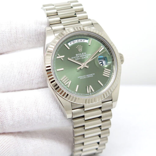 Rolex 228239 Day Date 18K White Gold with Olive Green Roman Dial