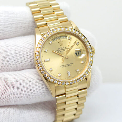 Rolex 18348 Day Date 18K Yellow Gold with Champagne Diamond Dial and Diamond Bezel