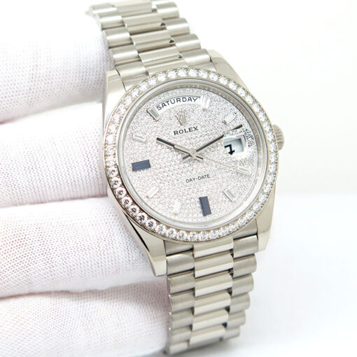 Rolex 228349RBR Day Date 40 18K White Gold with Pave Diamond Dial and Diamond Bezel