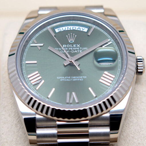 Rolex 228239 Day Date 18K White Gold with Olive Green Roman Dial - Image 3