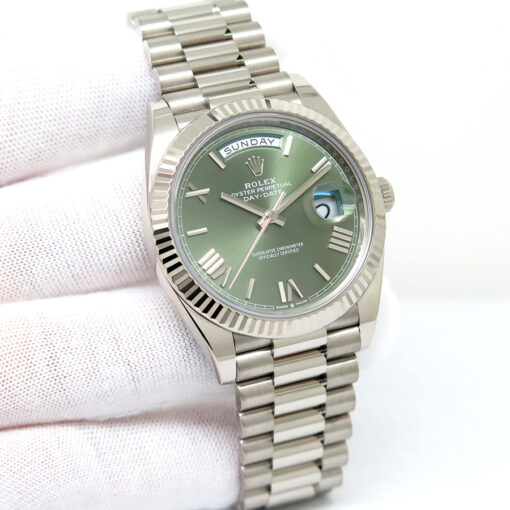 Rolex 228239 Day Date 18K White Gold with Olive Green Roman Dial