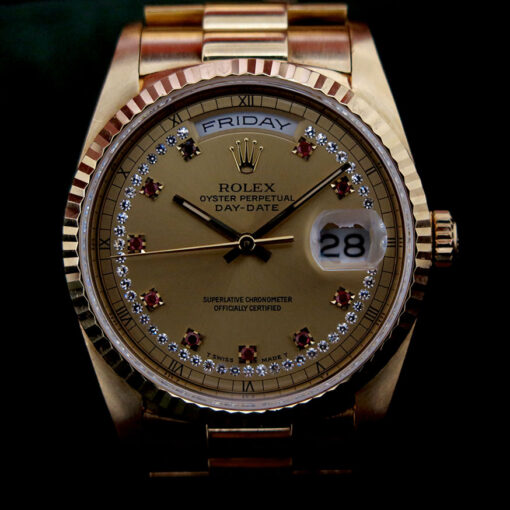Rolex 18238 Day Date 18K Yellow Gold with Champagne Diamond String Ruby Dial - Image 4