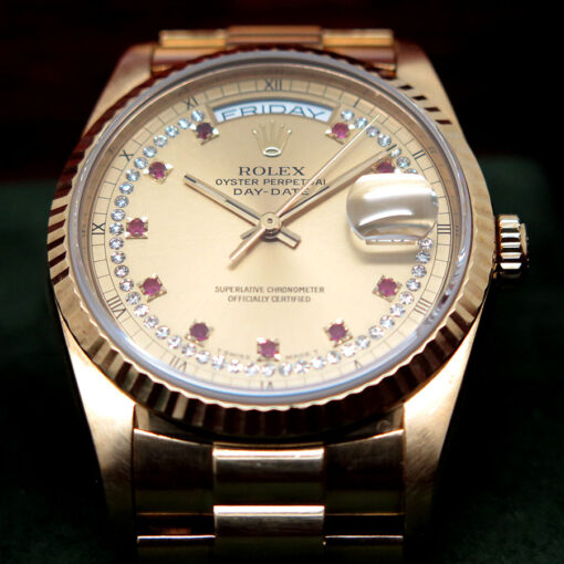 Rolex 18238 Day Date 18K Yellow Gold with Champagne Diamond String Ruby Dial - Image 3