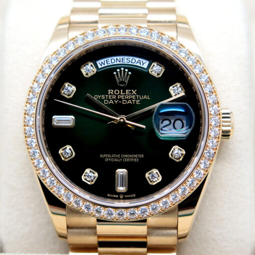 Rolex 128348RBR Day Date 18K Yellow Gold with Green Ombre Diamond Dial/Bezel - Image 3