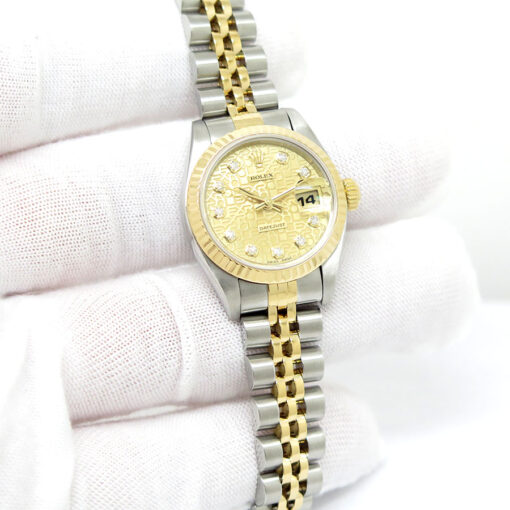 Rolex 69173 Datejust 18K/SS with Champagne Rolex Motif Diamond Dial on Jubilee