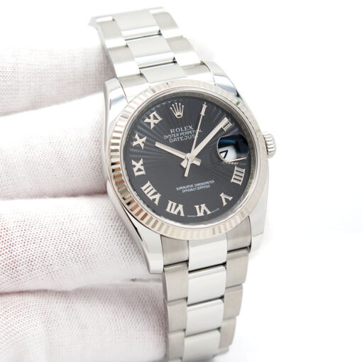 Rolex 116234 Datejust with Black Sunbeam Roman Dial on Oyster