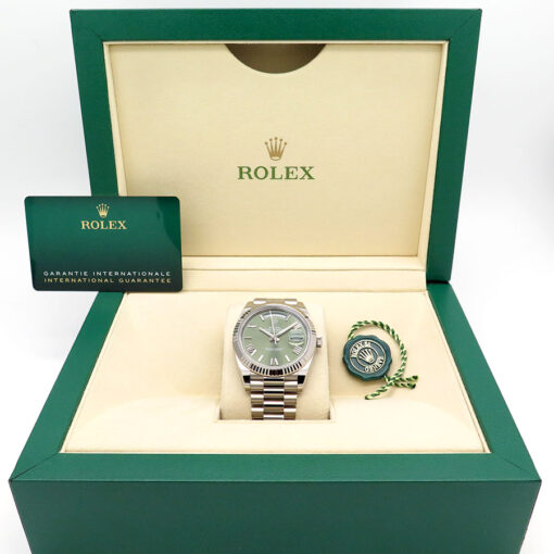 Rolex 228239 Day Date 18K White Gold with Olive Green Roman Dial - Image 2