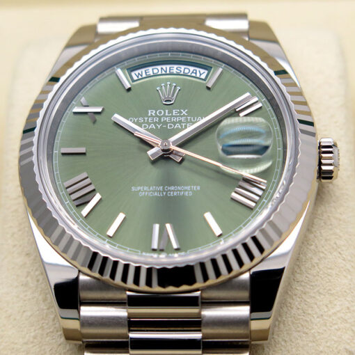 Rolex 228239 Day Date 18K White Gold with Olive Green Roman Dial - Image 3