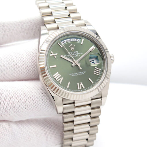 Rolex 228239 Day Date 18K White Gold with Olive Green Roman Dial