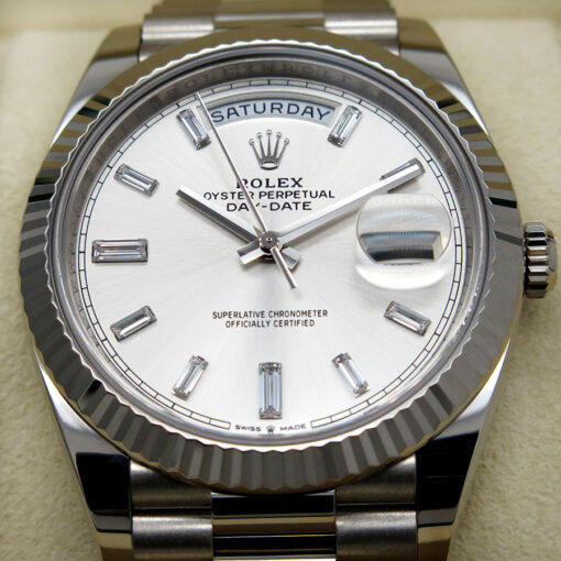 Rolex 228239 Day Date 18K White Gold with Silver Diamond Baguette Dial - Image 3