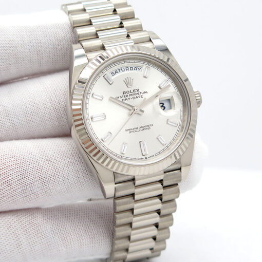Rolex 228239 Day Date 18K White Gold with Silver Diamond Baguette Dial