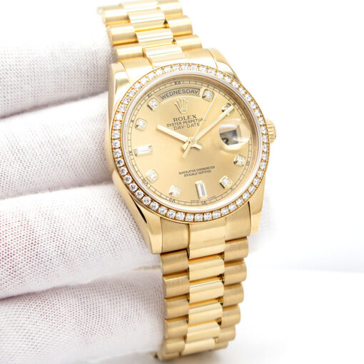 Rolex 118348 Day Date 36 18K Yellow Gold with Champagne Diamond Dial / Bezel