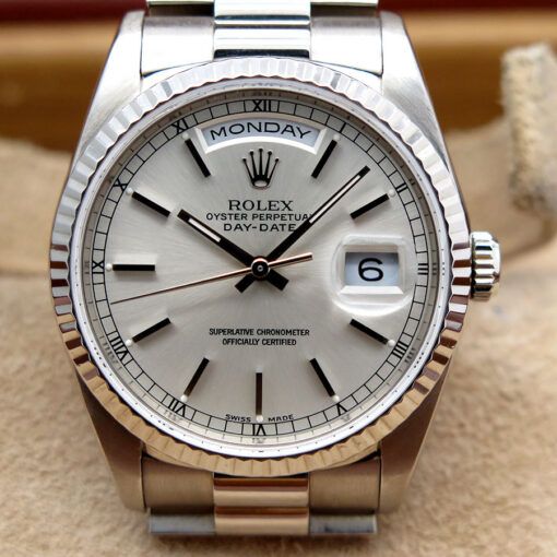 Rolex 18239 Day Date 18K White Gold with Silver Stick Dial - Image 3