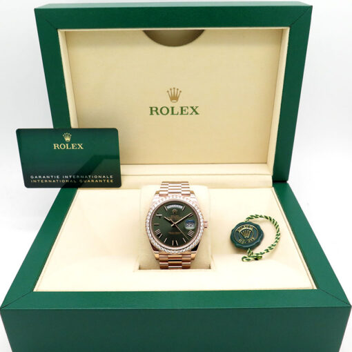 Alternative view of Rolex 228345RBR Day Date 40 18K Rose Gold with Olive Roman Dial and Diamond Bezel