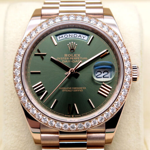 Rolex 228345RBR Day Date 40 18K Rose Gold with Olive Roman Dial and Diamond Bezel - Image 3