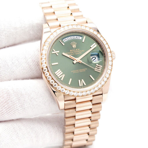 Rolex 228345RBR Day Date 40 18K Rose Gold with Olive Roman Dial and Diamond Bezel