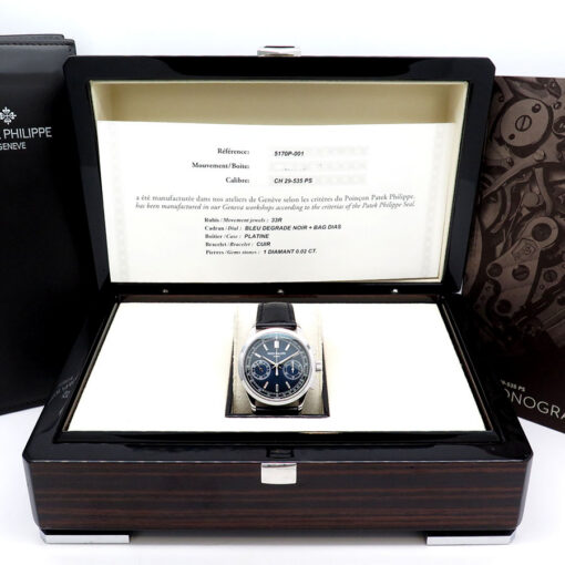Alternative view of Patek Philippe 5170P Platinum Chronograph with Blue Diamond Baguette Dial