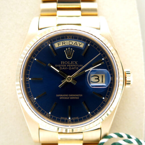 Rolex CPO 18038 Day Date 18K Yellow Gold with Blue Stick Dial - Image 4