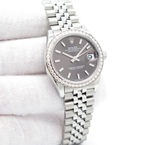 Rolex 278384RBR Datejust with Dark Grey Stick Dial and Diamond Bezel on Jubilee