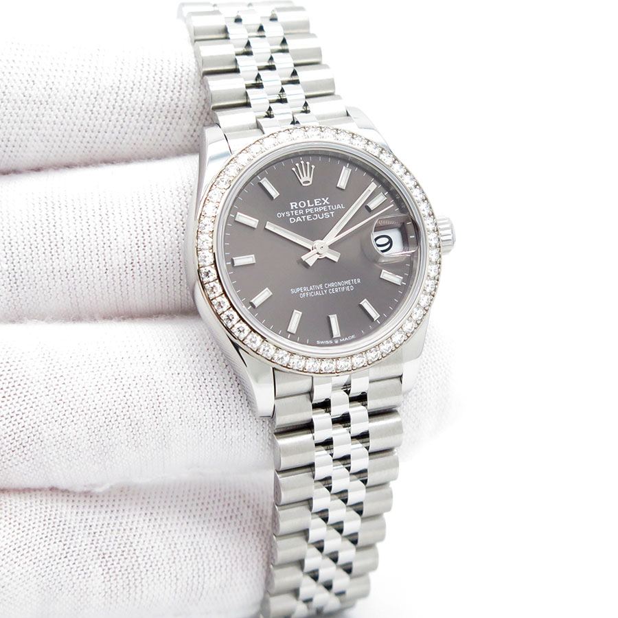 Rolex 278384RBR Datejust with Dark Grey Stick Dial and Diamond Bezel on Jubilee