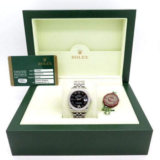 Alternative view of Rolex 178384 Datejust 31 with Purple Roman Diamond VI Dial Diamond Bezel on Jubilee