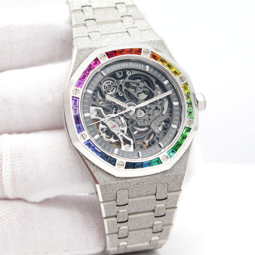 Audemars Piguet 15412BC Royal Oak Double Balance Wheel Openworked Rainbow Sapphire Frosted 18K White Gold