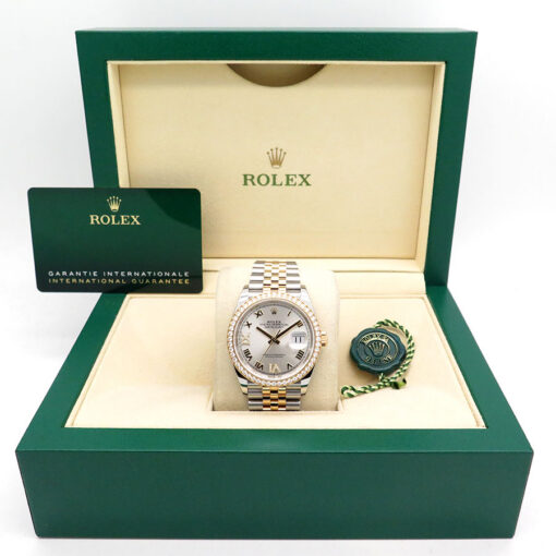 Alternative view of Rolex 126283RBR Datejust 18K/SS with Silver Roman Dial & Diamond Bezel on Jubilee