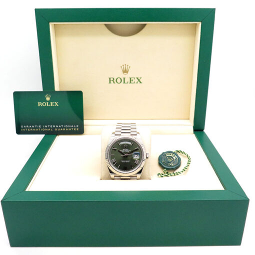 Alternative view of Rolex 228239 Day Date 18K White Gold with Olive Green Roman Dial
