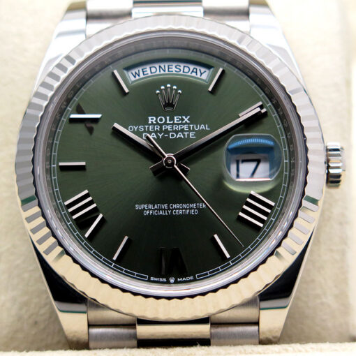 Rolex 228239 Day Date 18K White Gold with Olive Green Roman Dial - Image 3