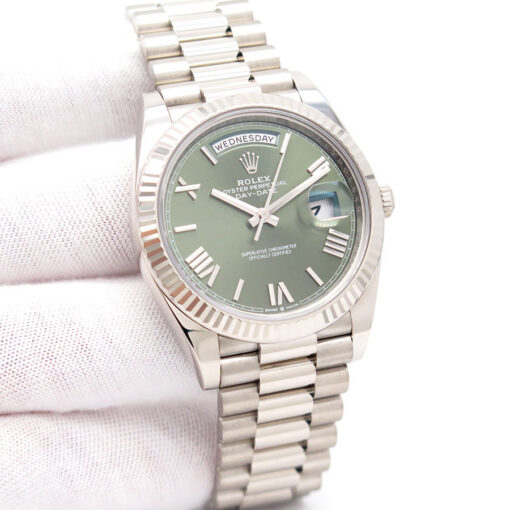 Rolex 228239 Day Date 18K White Gold with Olive Green Roman Dial