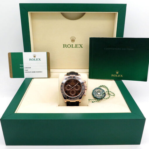 Alternative view of Rolex 116515LN Cosmograph Daytona 18K Rose Gold with Chocolate Arabic Dial on Leather