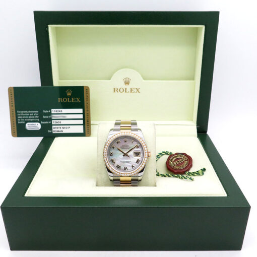 Alternative view of Rolex 116243 Datejust 18K/SS with Mother of Pearl Roman Dial on Oyster with Diamond Bezel