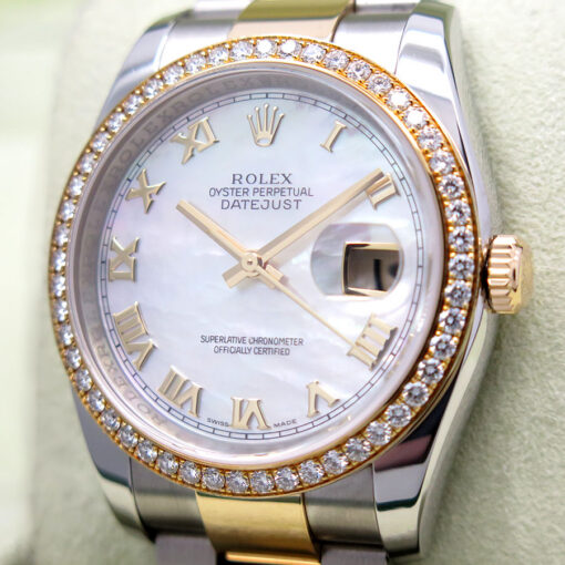 Rolex 116243 Datejust 18K/SS with Mother of Pearl Roman Dial on Oyster with Diamond Bezel - Image 4