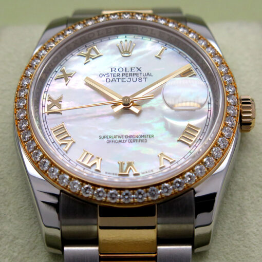 Rolex 116243 Datejust 18K/SS with Mother of Pearl Roman Dial on Oyster with Diamond Bezel - Image 3