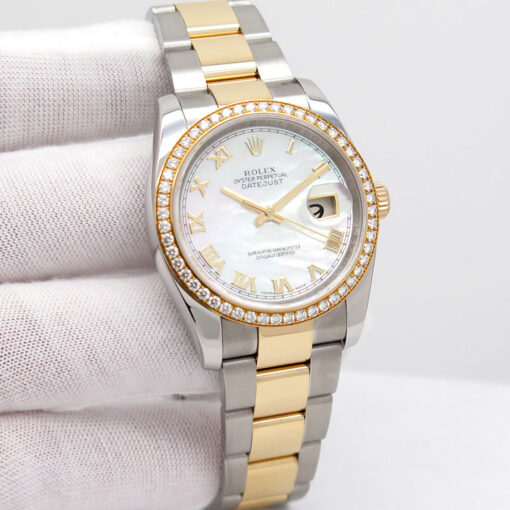 Rolex 116243 Datejust 18K/SS with Mother of Pearl Roman Dial on Oyster with Diamond Bezel
