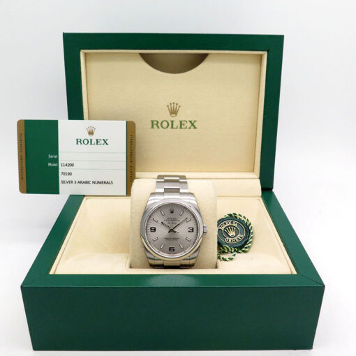 Alternative view of Rolex 114200 Oyster Perpetual with Silver Arabic Dial (New Old Stock)