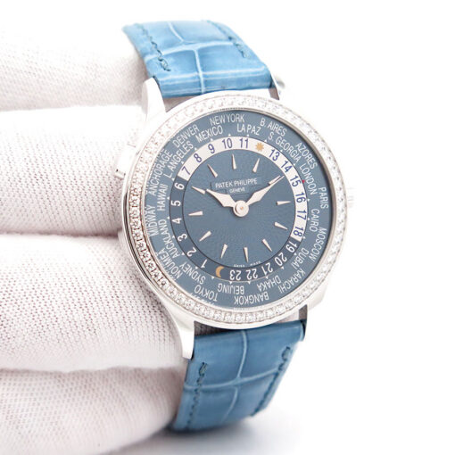 Patek Philippe 7130G World Time 18K White Gold 36mm with Blue Dial and Diamond Bezel