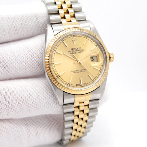 Rolex 16013 Datejust 18K/SS with Champagne Stick Dial on Jubilee