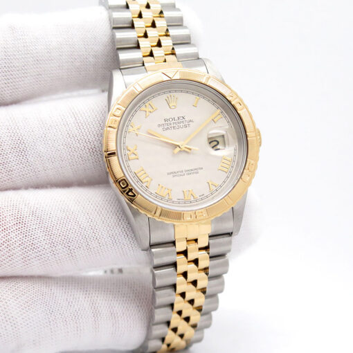 Rolex 16263 Datejust 18K/SS Turn-O-Graph with Ivory Pyramid Roman Dial on Jubilee