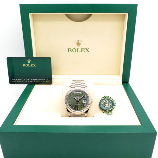 Alternative view of Rolex 228239 Day Date 18K White Gold with Olive Green Roman Dial