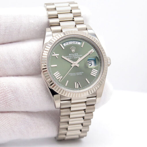 Rolex 228239 Day Date 18K White Gold with Olive Green Roman Dial