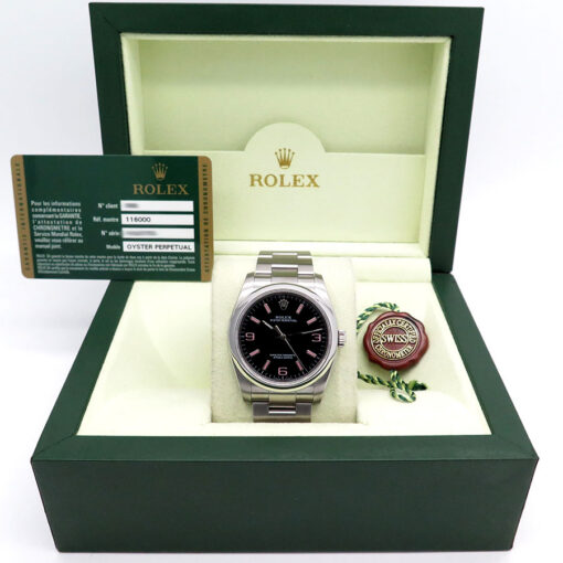 Alternative view of Rolex 116000 Oyster Perpetual with Black Dial and Pink Indices