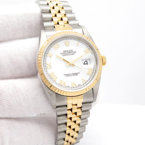 Rolex 16233 Datejust 18K/SS with White Roman Dial on Jubilee