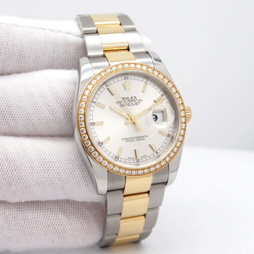 Rolex 116243 Datejust 36 18K/SS with Silver Stick Dial / Diamond Bezel on Oyster